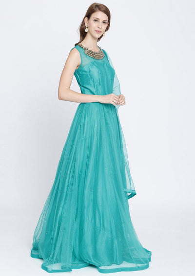 Turquoise Blue Stonework Net Designer Gown-Koskii