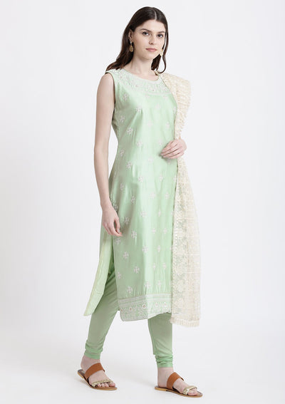Pista Green Threadwork Satin Designer Salwar Suit-Koskii