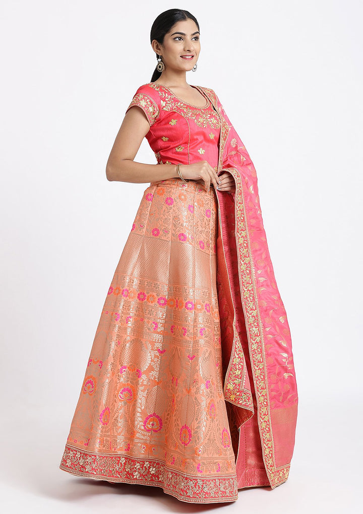 Peach Zariwork Brocade Designer Lehenga-Koskii