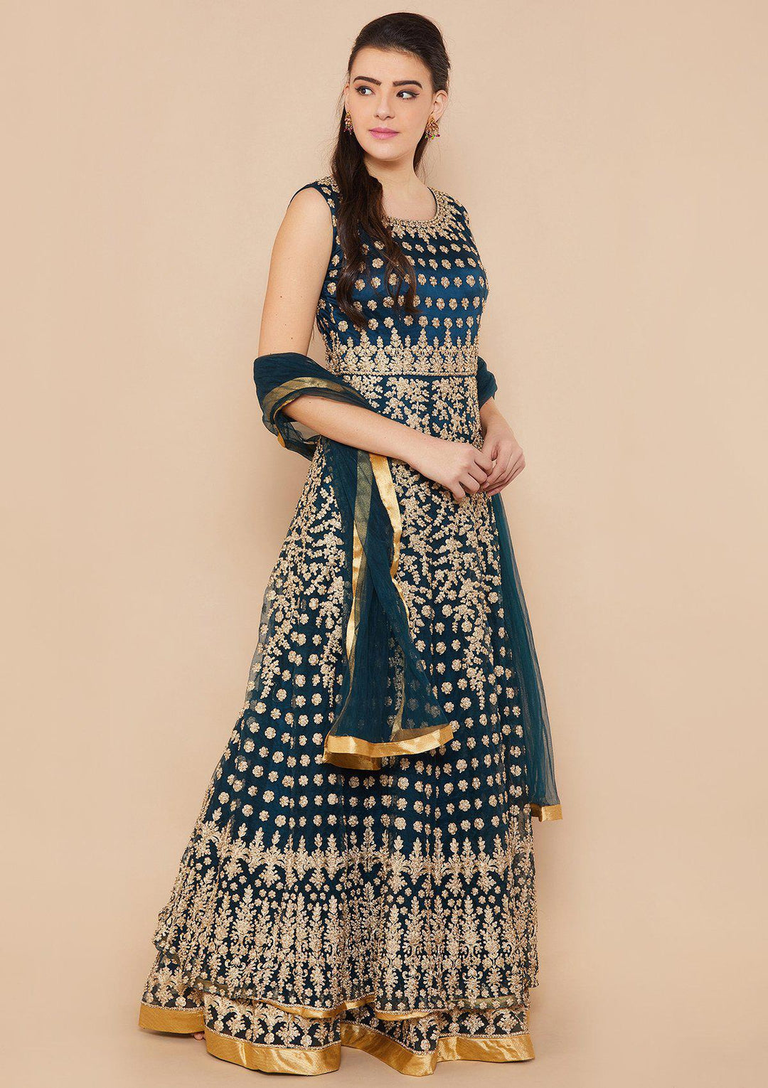 Teal Zariwork Net Designer Gown-Koskii
