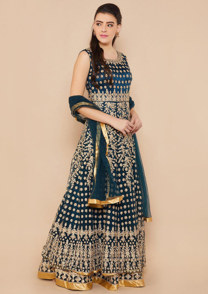 Teal Zariwork Net Designer Gown-Koskii