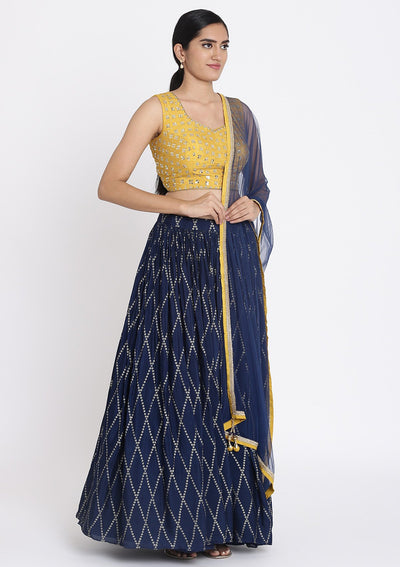 Navy Blue And Yellow Mirrorwork Satin Designer Lehenga - koskii