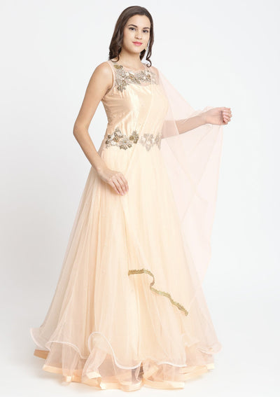 Peach Cutdana Net Designer Gown-Koskii
