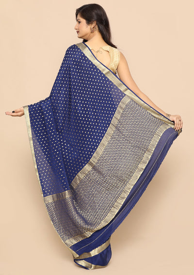 Blue and Gold Handmade Saree-Koskii