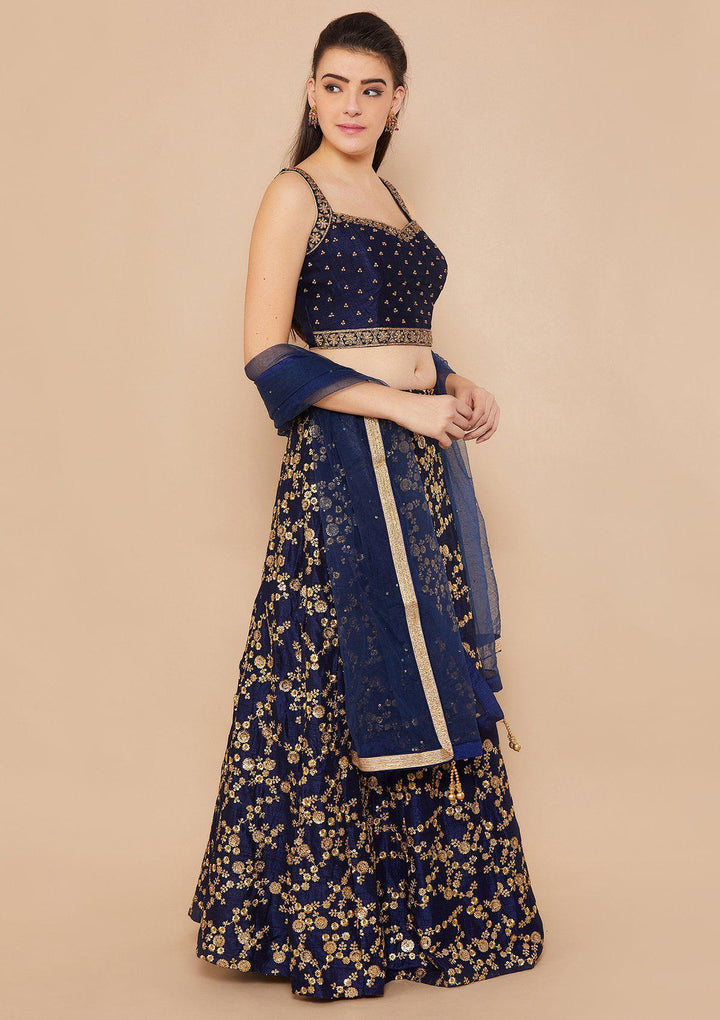 Koskii Stonework Rawsilk Blue Lehenga-Koskii