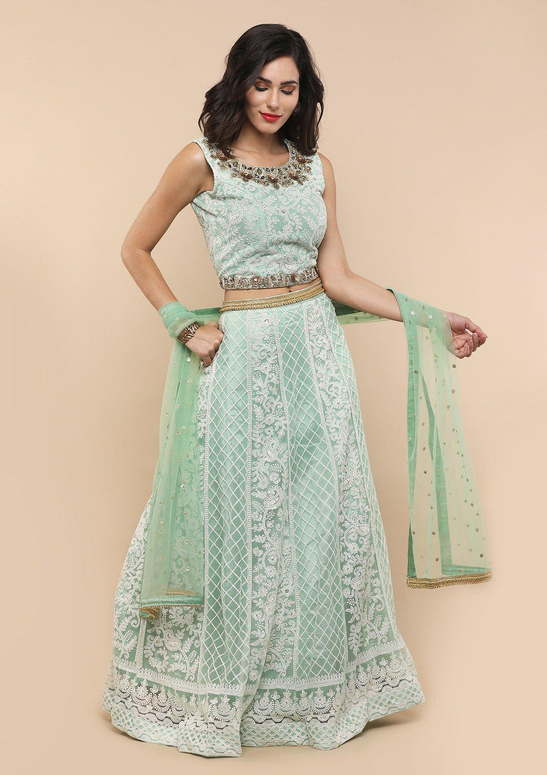 Green Thread Work Net Designer Lehenga-Koskii