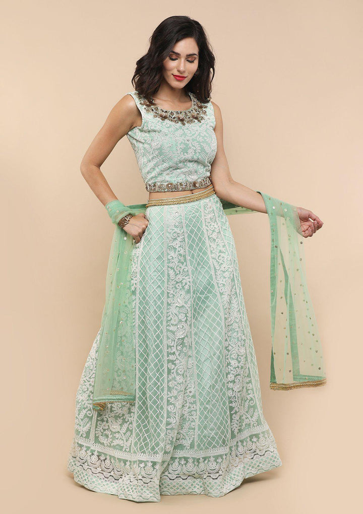 Green Thread Work Net Designer Lehenga-Koskii