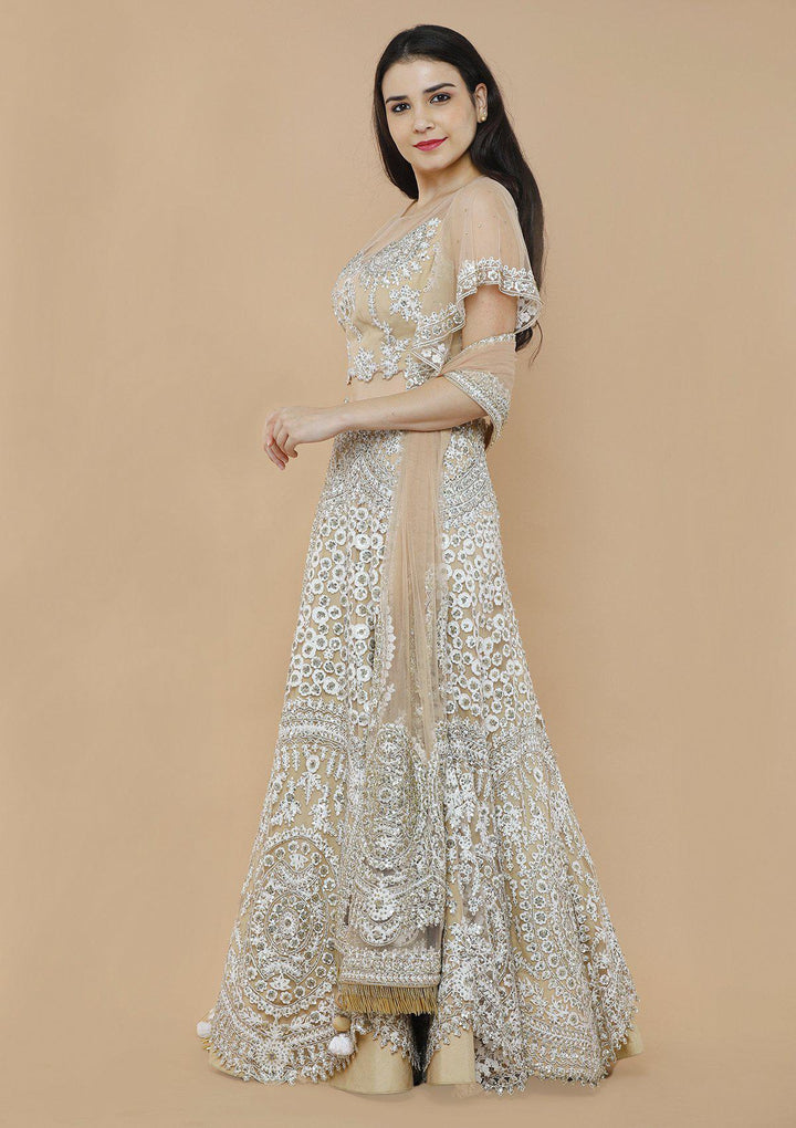 Beige Embellished Silk Designer Lehenga-Koskii