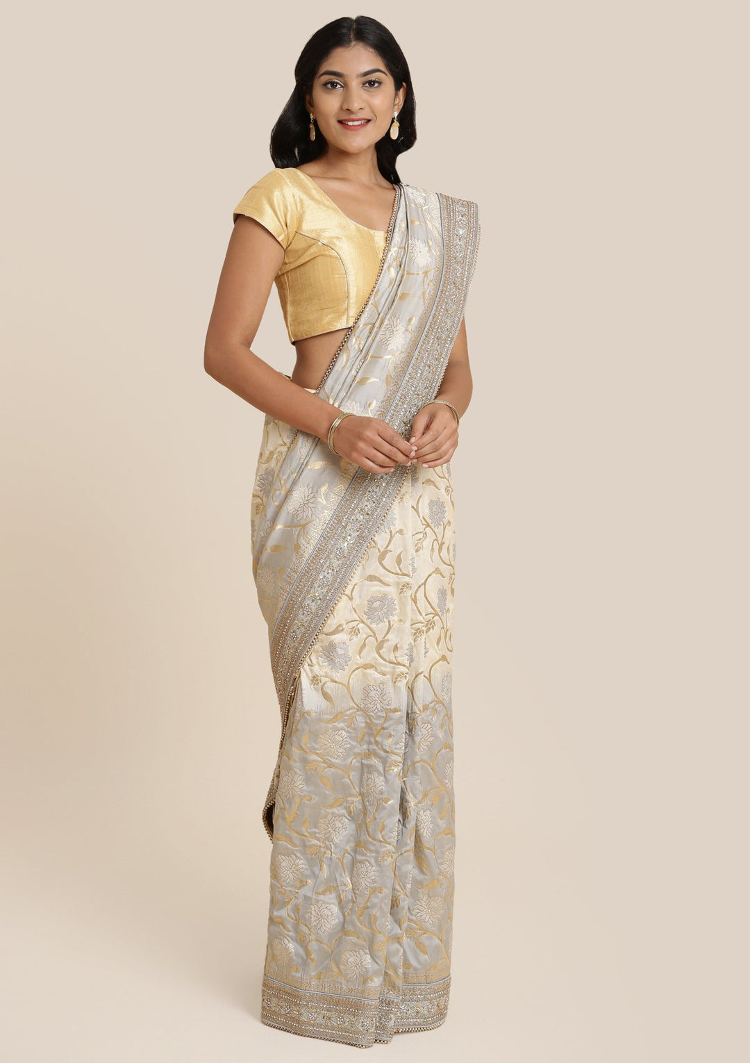 Light Grey Zariwork Brocade Designer Saree-Koskii