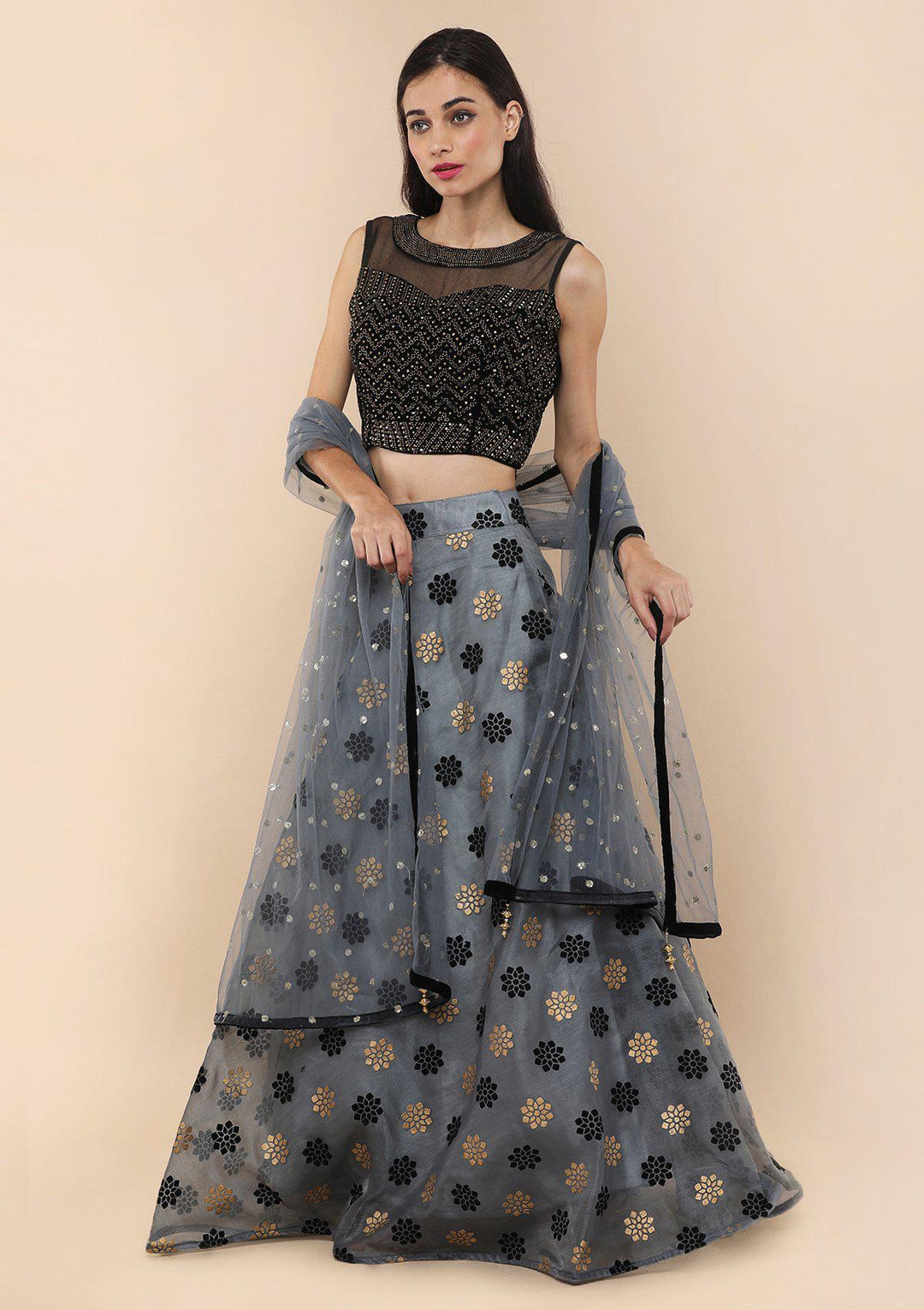 Koskii Grey Tissue Lehenga-Koskii