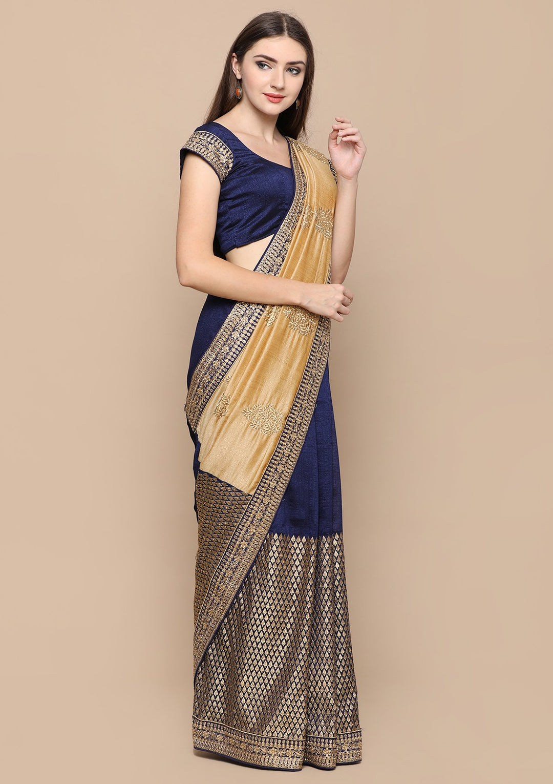 Beige and Blue Zari Work Chiffon Designer Saree-Koskii