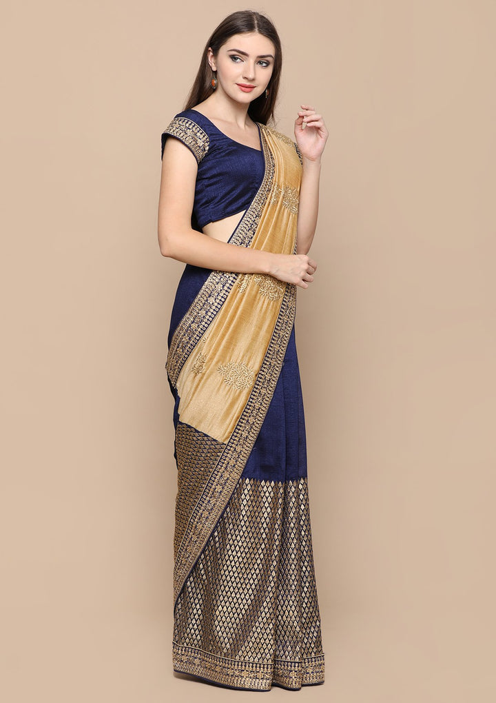 Beige and Blue Zari Work Chiffon Designer Saree-Koskii