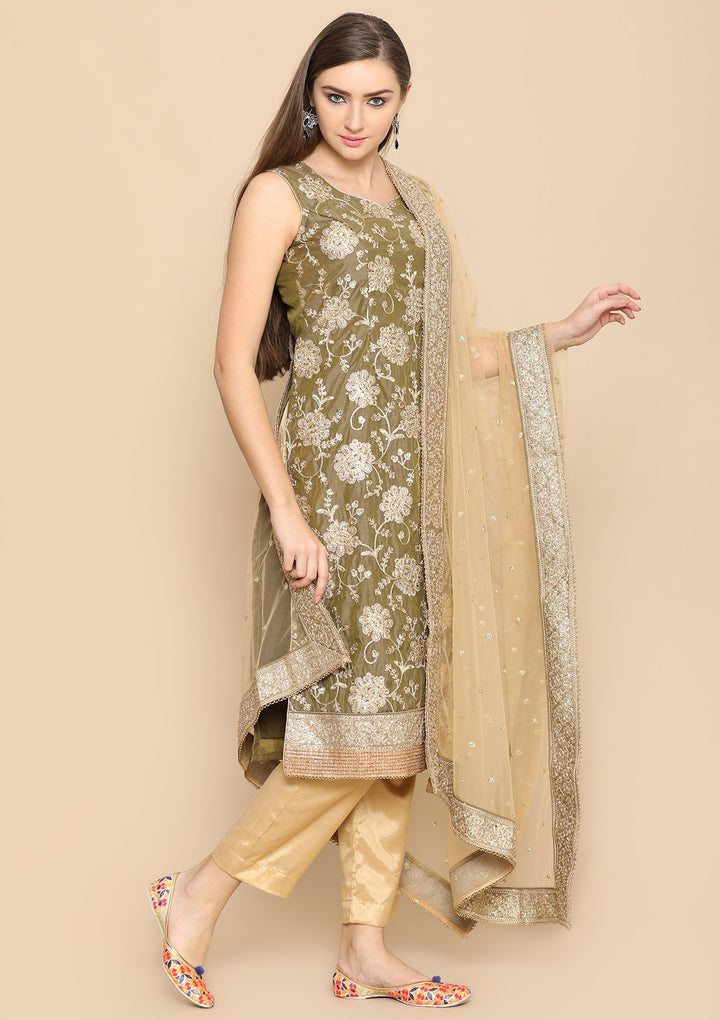 green sequinned designer salwar suit-Koskii