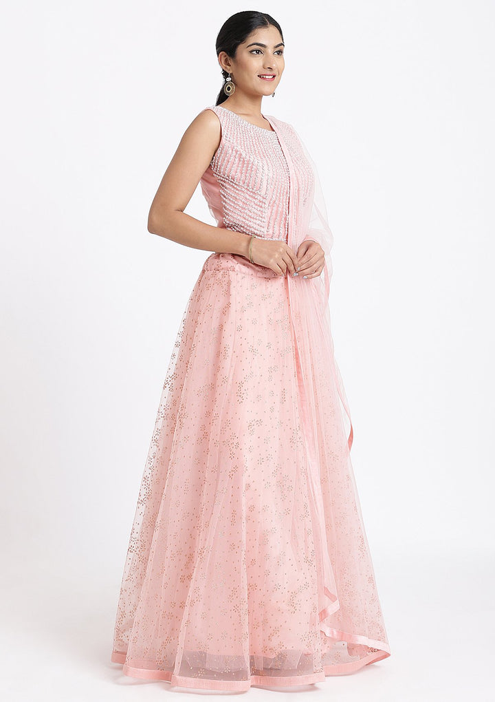 Pink Pearlwork Net Designer Lehenga-Koskii