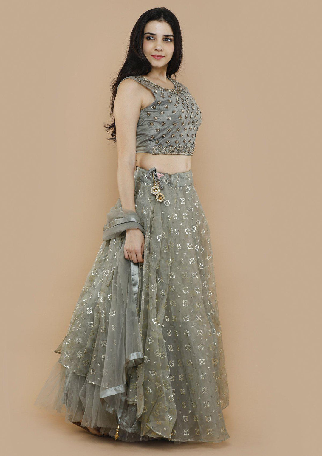 Grey Tissue Silk Net Designer Lehenga-Koskii