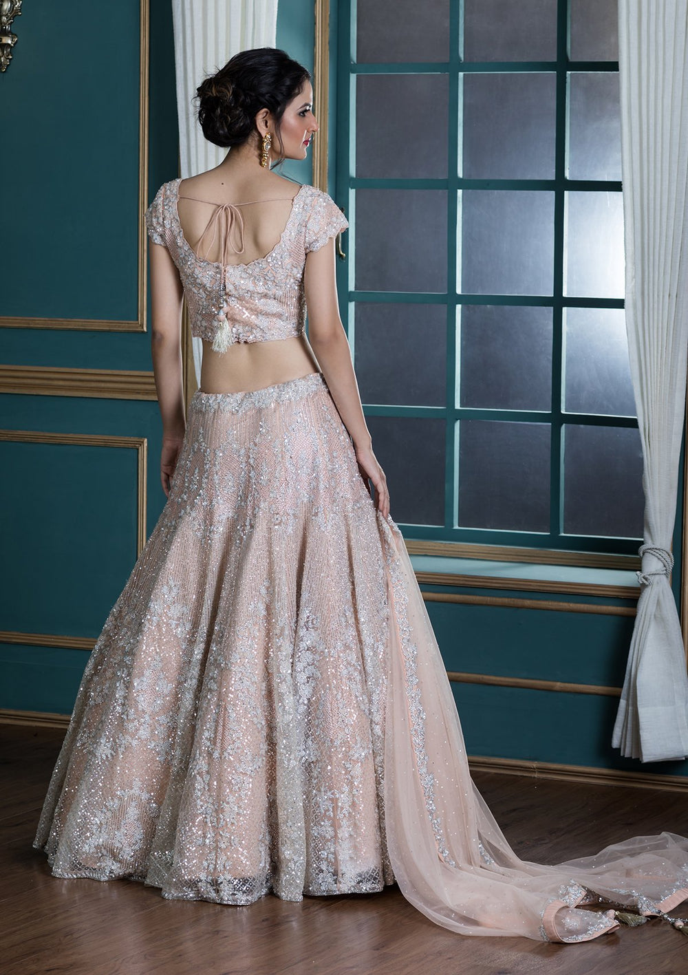 Peach Sequinned Net Designer Lehenga-Koskii