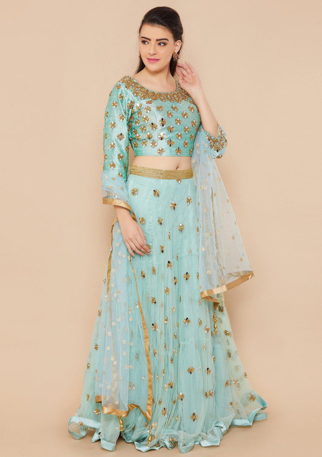 Teal Mirrorwork Net Designer Lehenga-Koskii