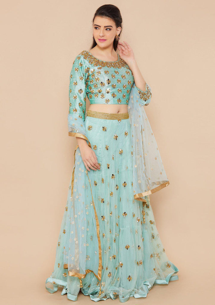 Teal Mirrorwork Net Designer Lehenga-Koskii