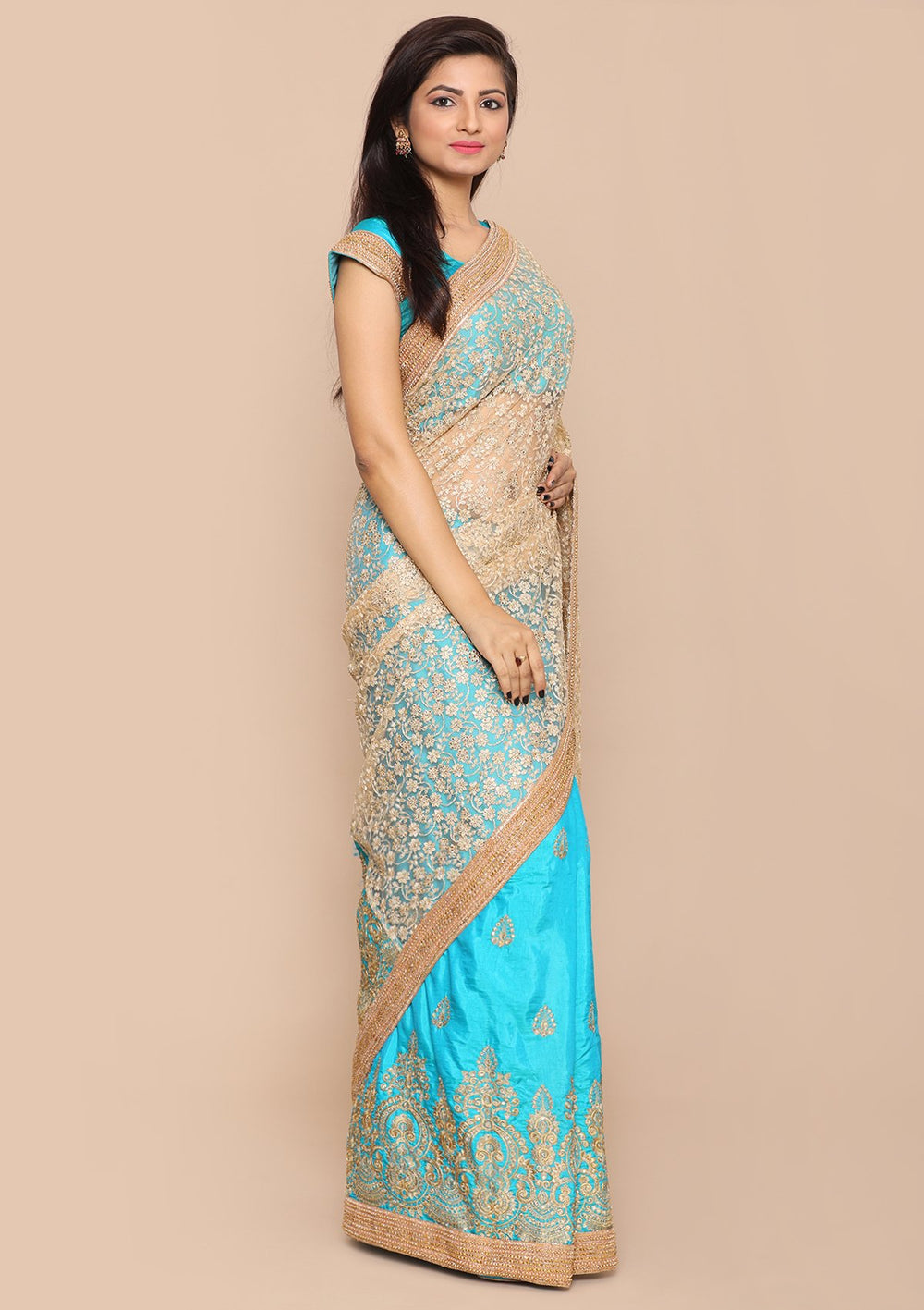 Blue Raw Silk and Net Half and Half Saree-Koskii