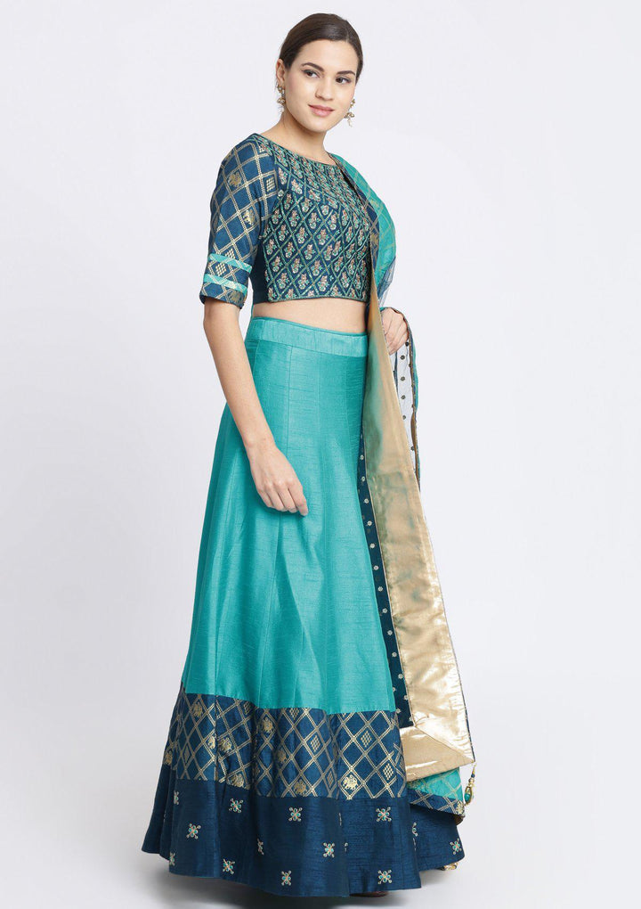 Turquoise Blue Zardosi Rawsilk Designer Lehenga-Koskii
