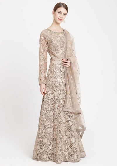 Brown Sequinned Net Designer Gown-Koskii