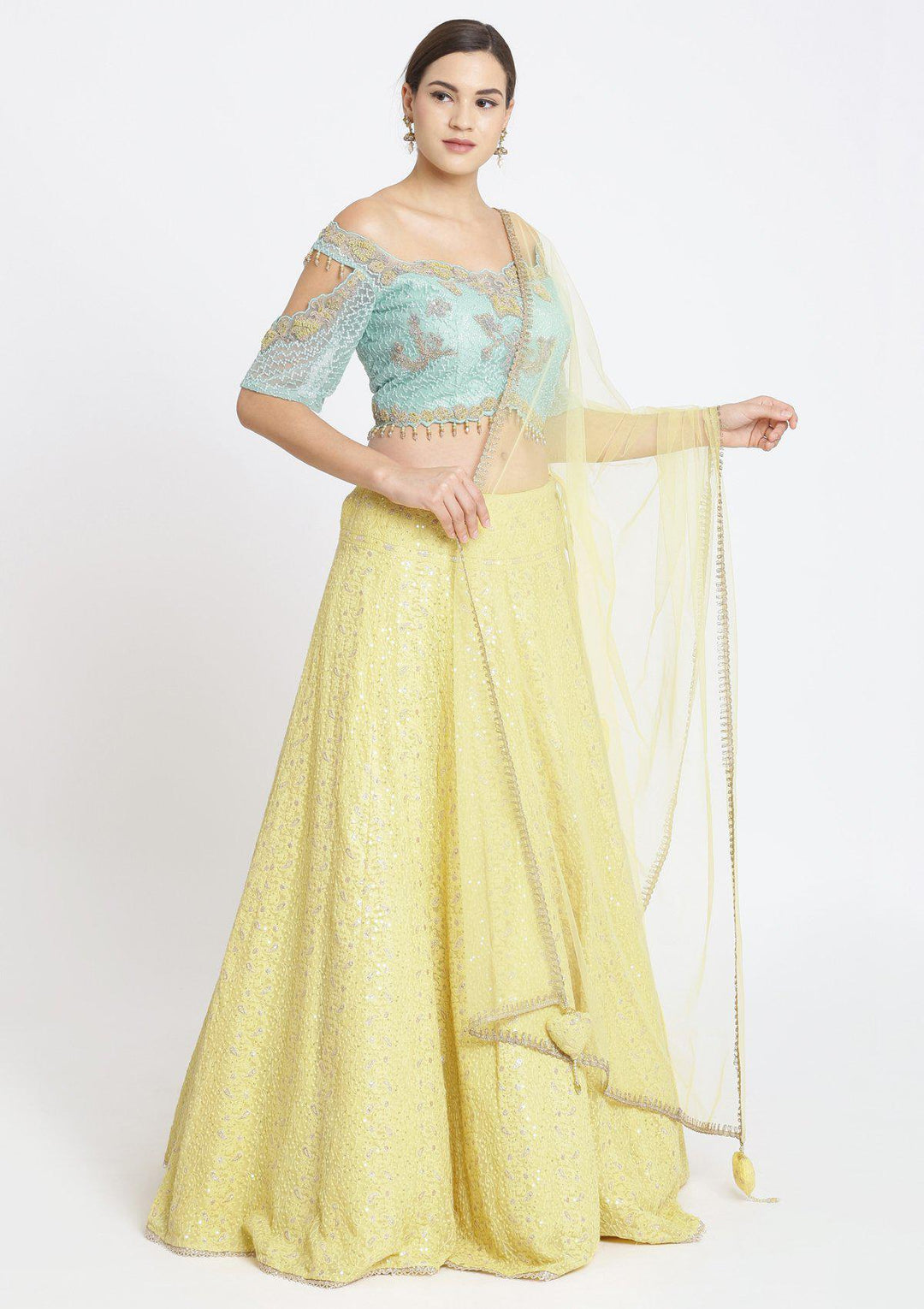 Yellow and Sea Green Chikankari Georgette Designer Lehenga-Koskii