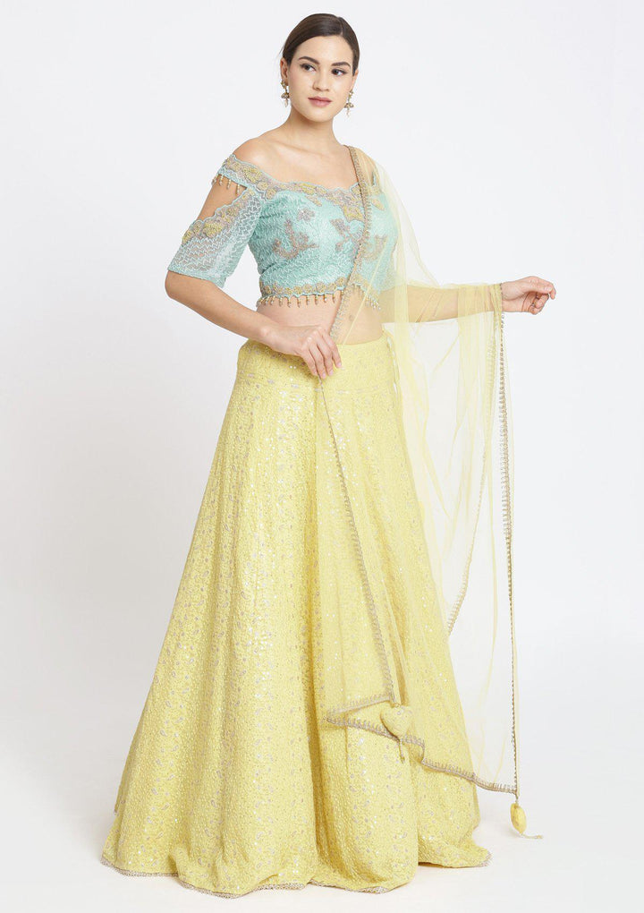 Yellow and Sea Green Chikankari Georgette Designer Lehenga-Koskii