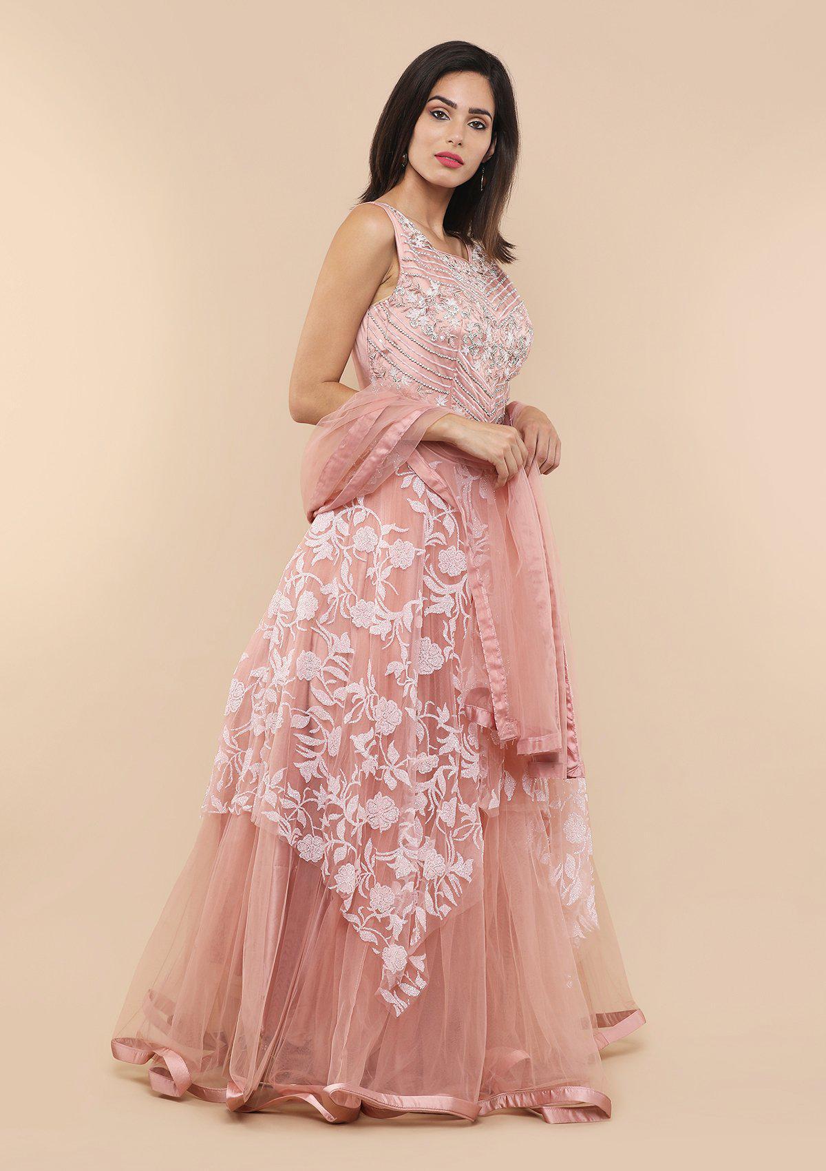 Pink Floral Asymmetrical Designer Gown-Koskii