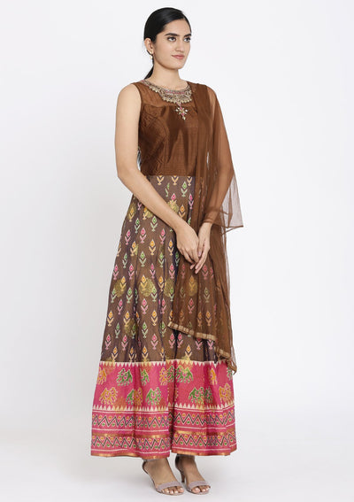 Brown Stonework Art Silk Designer Gown - koskii