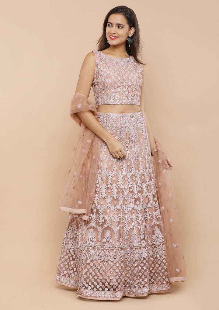 Dusty Rose Threadwork Net Designer Lehenga-Koskii