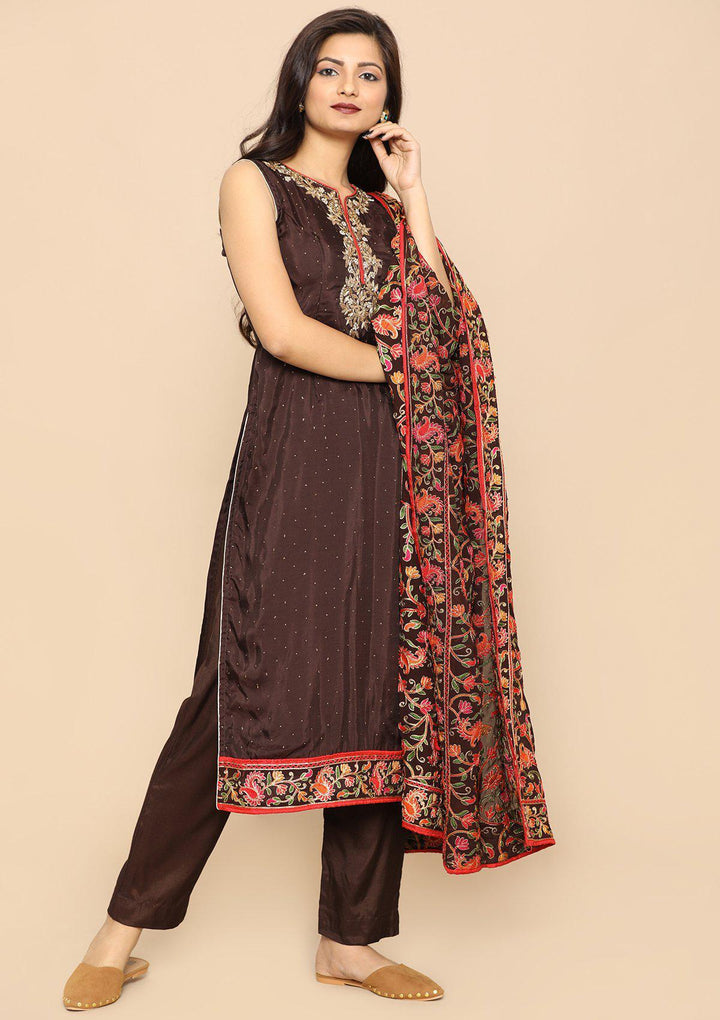 Brown Threadwork Designer Salwar Suit-Koskii