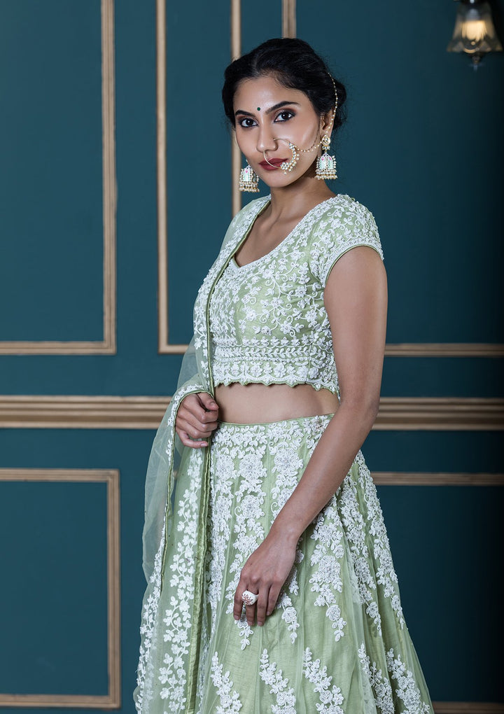 Green Stone Embellished Net Designer Lehenga-Koskii