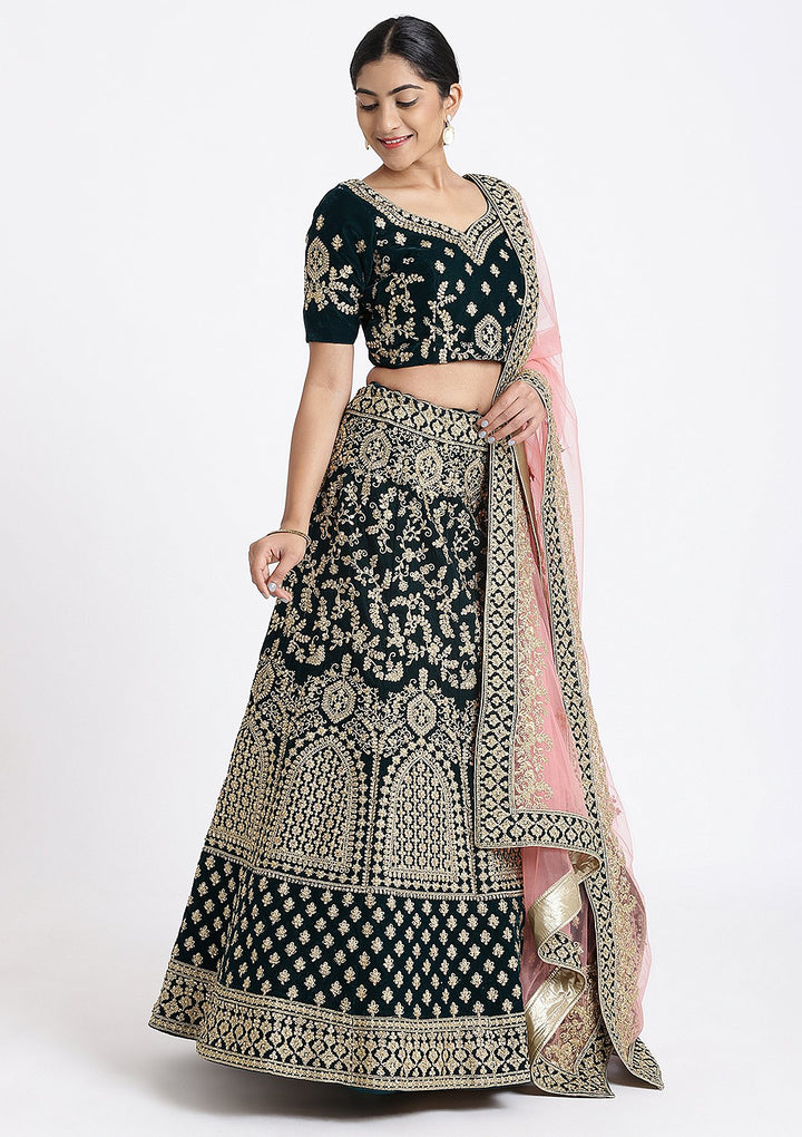 Bottle Green Zariwork Velvet Designer Lehenga-Koskii