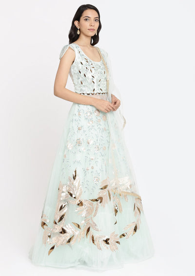 Sea Green Cutdana Net Designer Gown-Koskii