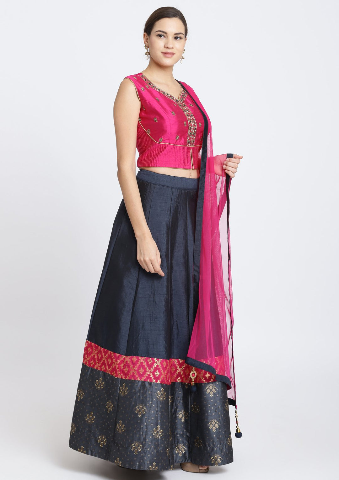 Navy Blue and Fuschia Cutdana Rawsilk Designer Lehenga-Koskii