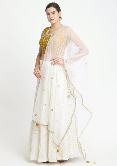 Mustard and Cream Zardozi Chanderi Designer Lehenga-Koskii