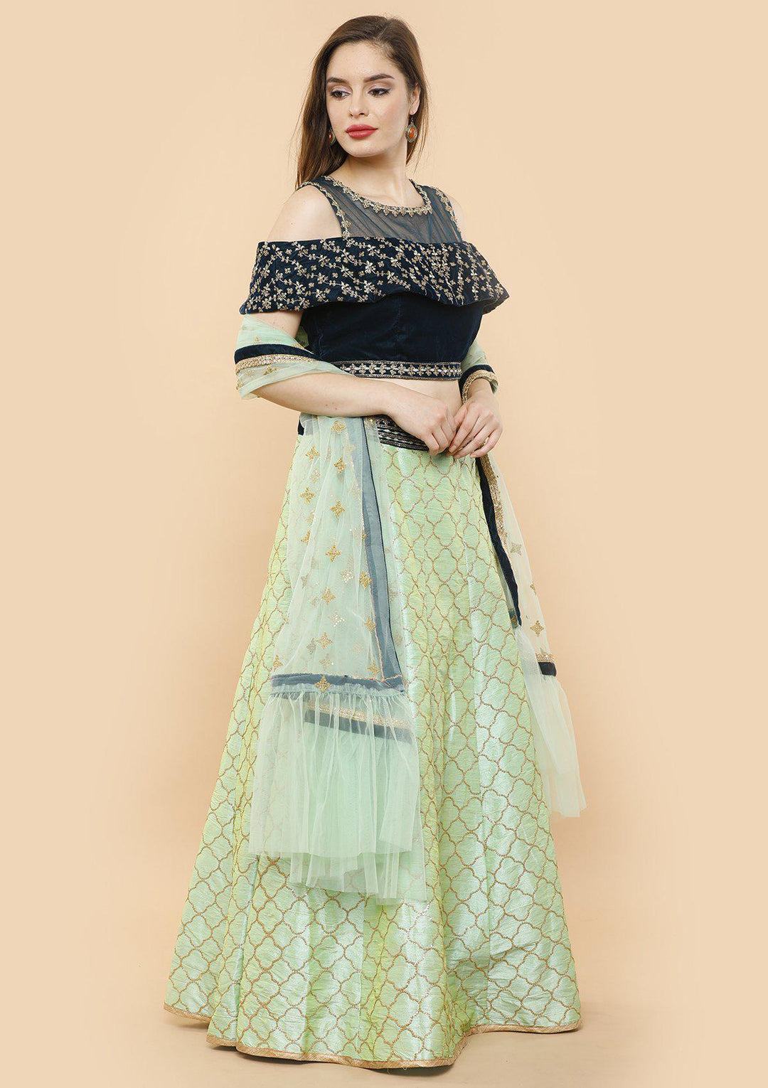 koskii green and blue velvet lehenga-Koskii