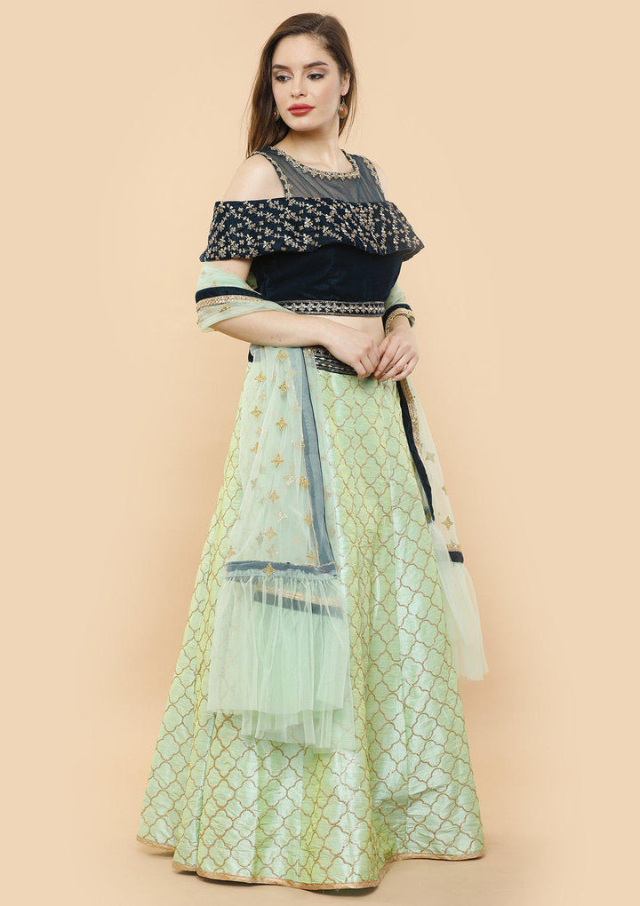 koskii green and blue velvet lehenga-Koskii