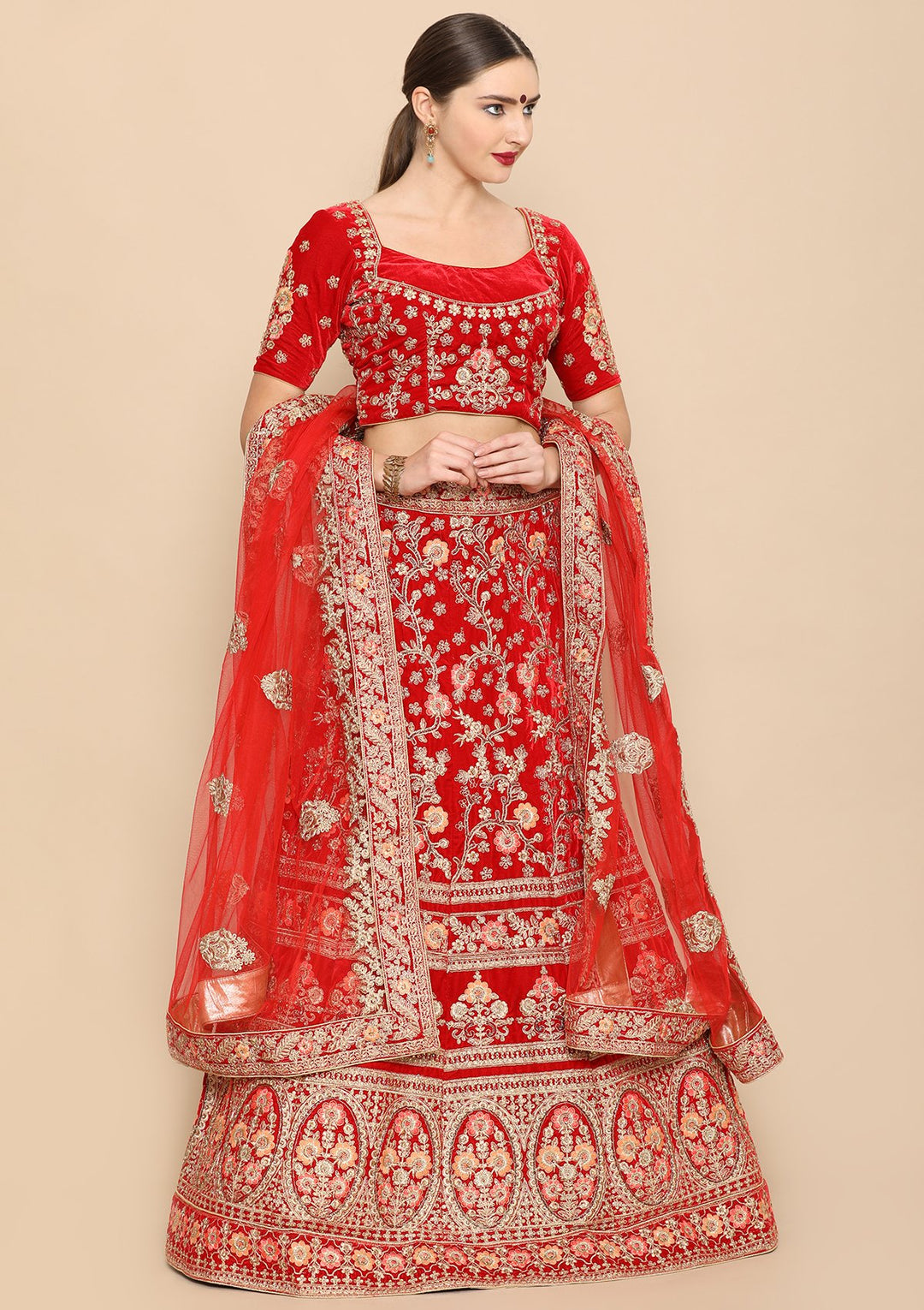 Red Zari Work Velvet Designer Lehenga-Koskii