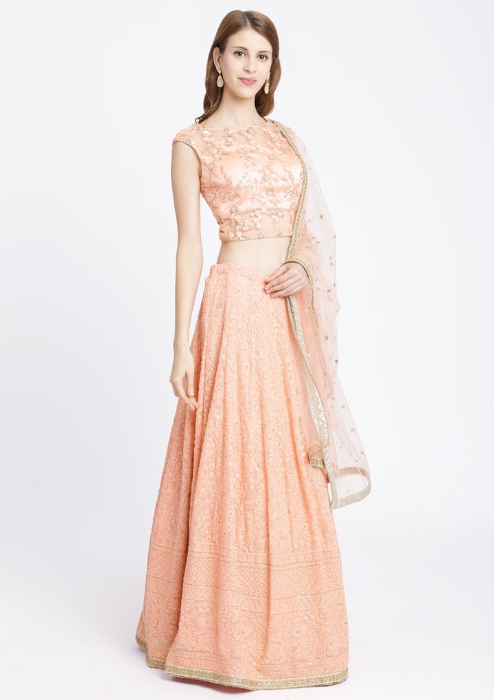 Peach Threadwork Chiffon Designer Lehenga-Koskii