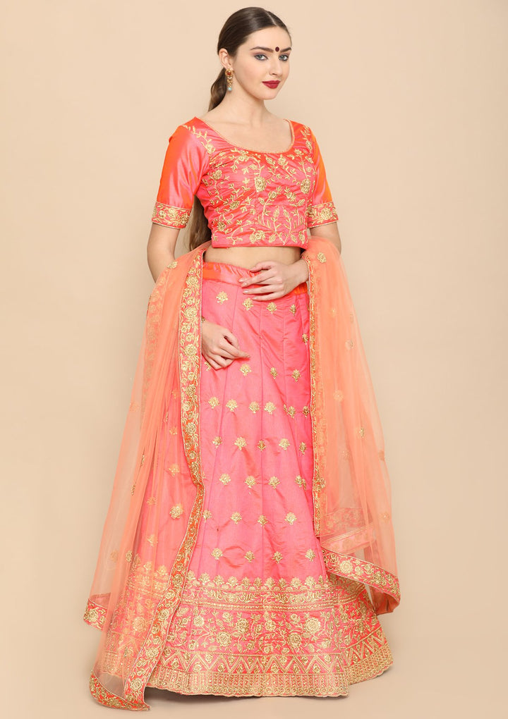 Orange Zari Work Taffeta Silk Designer Lehenga-Koskii