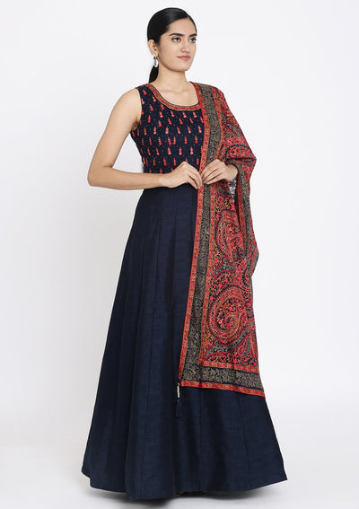 Navy Blue Swarovski Raw Silk Designer Gown - koskii