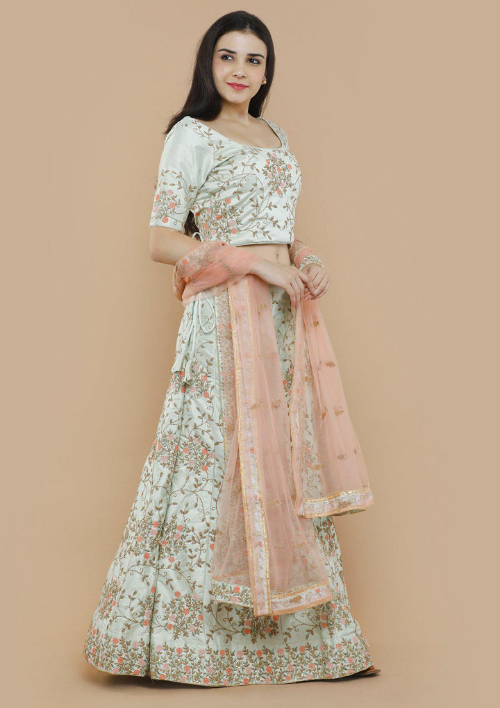 Pastel Green Zari Work Silk Designer Lehenga-Koskii