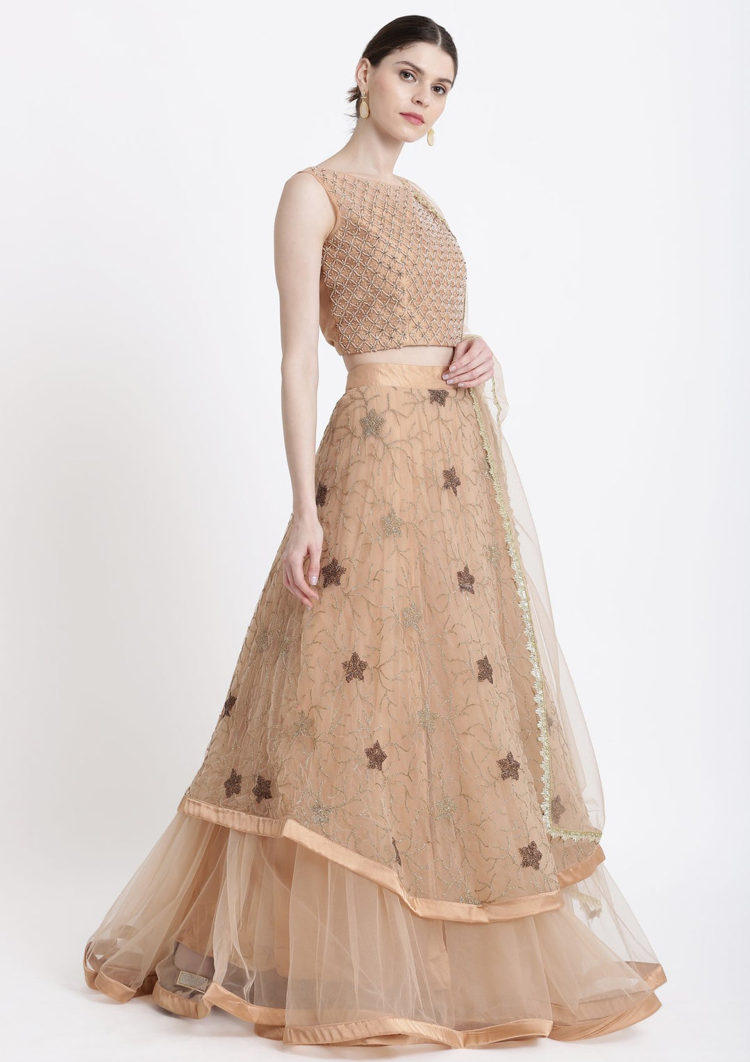 Peach Pearlwork Net Designer Lehenga-Koskii