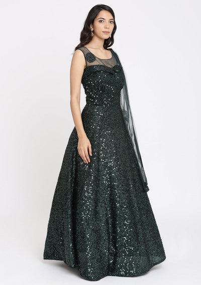 Bottle Green Sequins Imported Fabric Designer Gown-Koskii