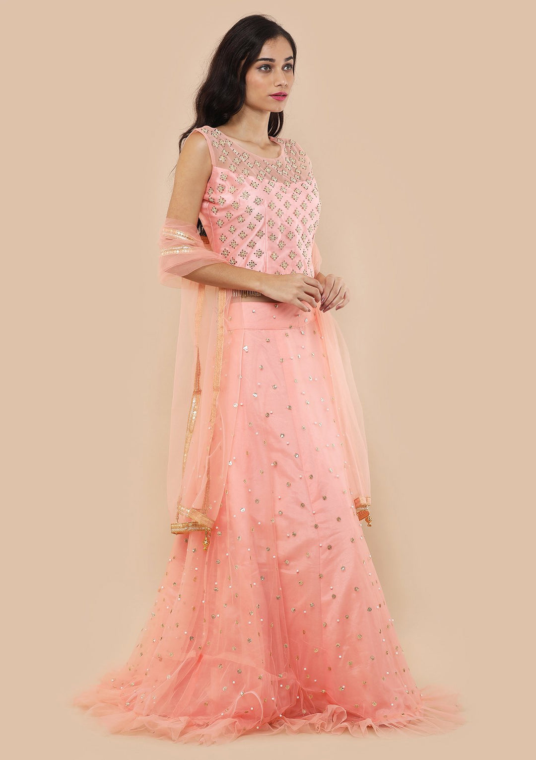 Peach Zardozi Tassles Net Designer Lehenga-Koskii