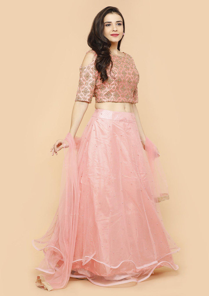 Coral Pink Pearl Silk Designer Lehenga-Koskii