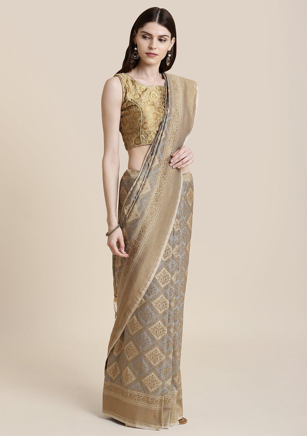 Fawn Zariwork Brocade Designer Saree-Koskii