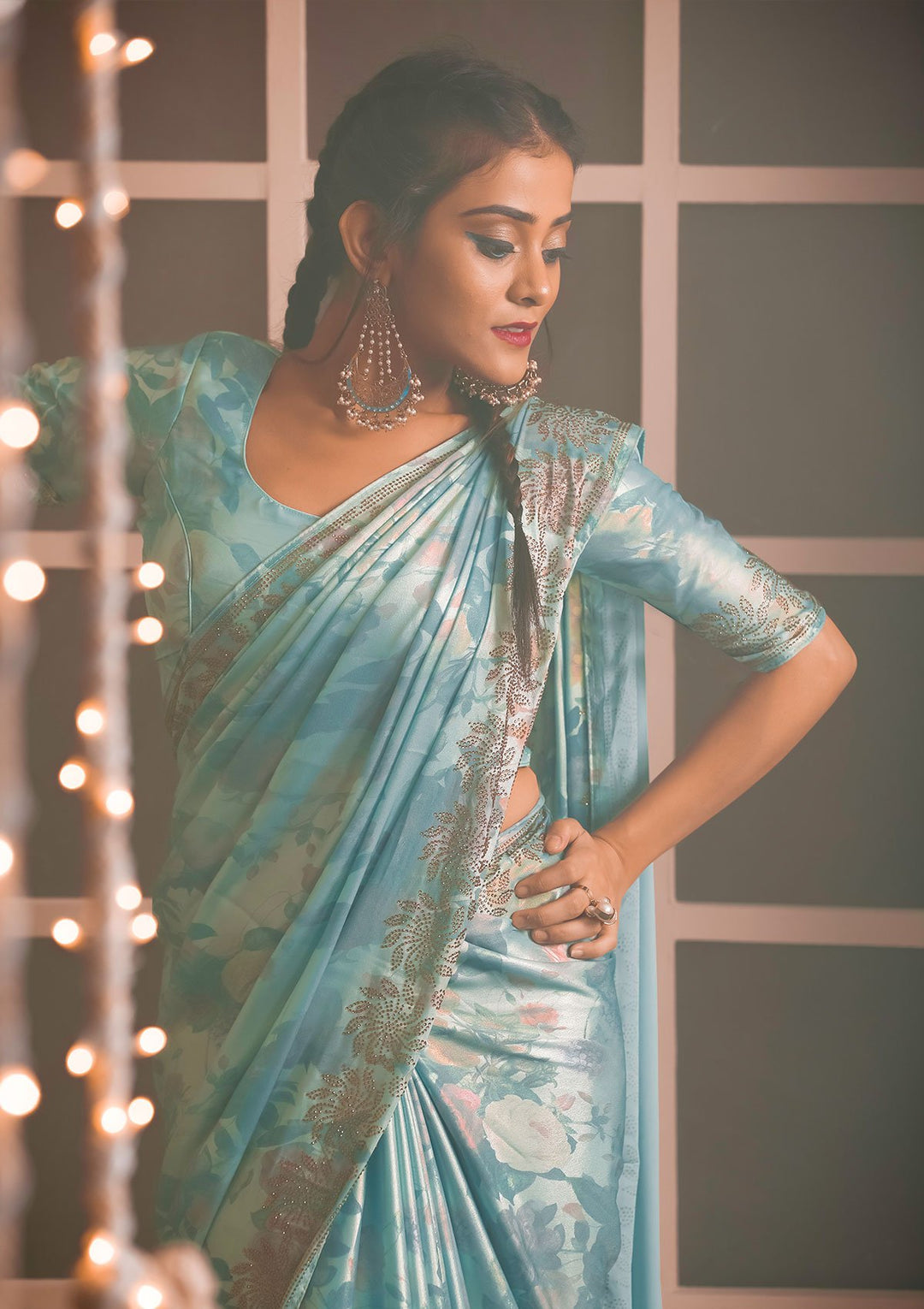 Sea Green Swarovski Shimmer Designer Saree-Koskii