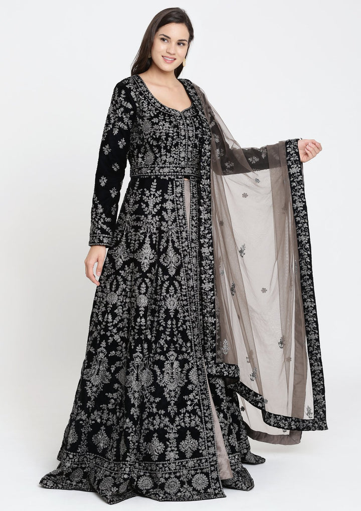 Navy Blue Zari Work Velvet Designer Lehenga-Koskii